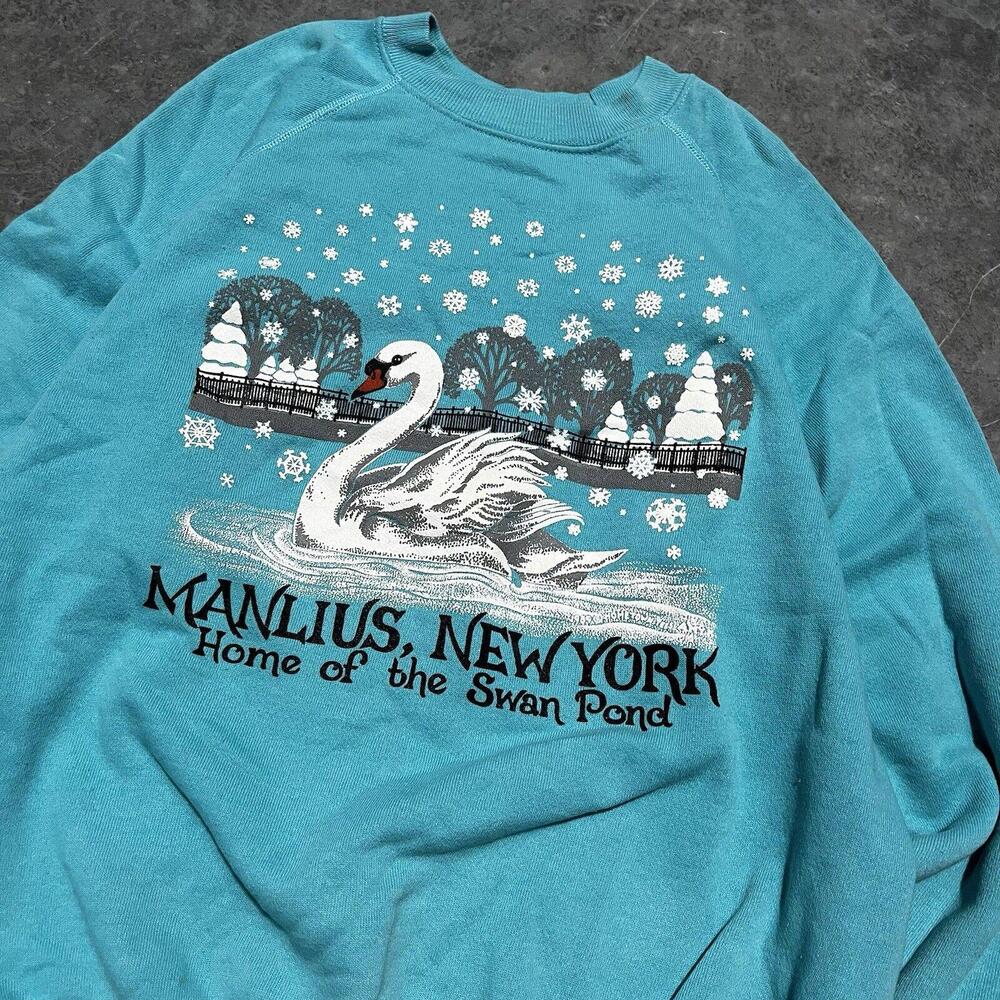 Vintage Manlius New York Swan Pond 80s Graphic Blue Sweatshirt Swan